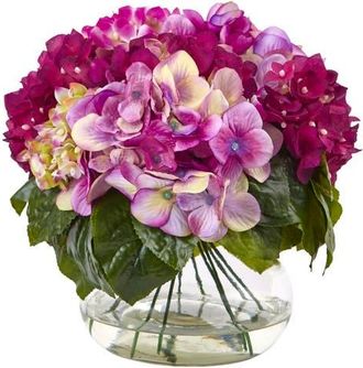 Nearly Natural Multi-Tone Beauty Hydrangea with Round Glass Vase at Nordstrom