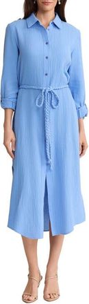 Jones New York Braided Belt Long Sleeve Cotton Gauze Midi Shirtdress in Blue Horizon at Nordstrom, Size X-Small