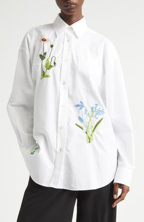 Stella McCartney Floral Embroidered Cotton Oxford Button-Up Shirt in Pure White at Nordstrom, Size 10 Us