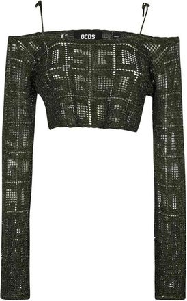 GCDS Openwork Gebreide Crop Top met Metallicvezels - Dames - Longsleeves - Groen - M - Polyester - Tops