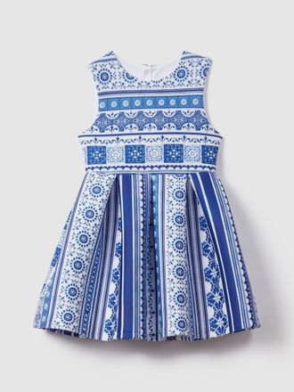 Reiss Womens Blue & White Tile Print Fit And Flare Dress, Size: 13-14 Years