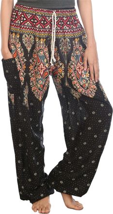 Lofbaz Womens Floral Printed Drawstring Boho Harem Pants Black 4XL
