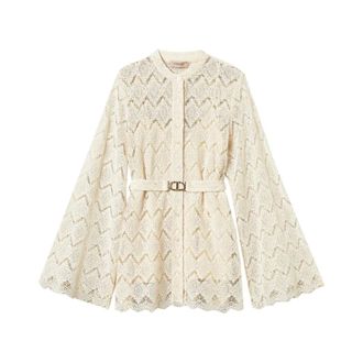 Twinset Shirts, female, Beige, Size: L Lace Maxi Shirt with Geometric Design