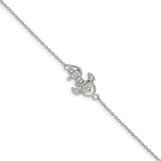 Diamond2Deal Sterling Silver Rhodium-plated Polished CZ Anchor 7 Inch Bracelet 7