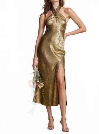 Astr Marissa Halter Neck Midi Dress In Gold