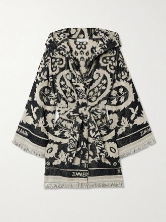 Zimmermann Accappatoio In Spugna Di Cotone Jacquard Con Cappuccio E Frange Wanderlust - Nero