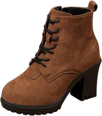 Generic Block Heel Boots for Women Casual Stylish Biker Booties Solid Color Lace Up Side Zipper Comfortable Classic Ankle Boots Office Party