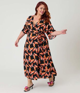 Unique Vintage Plus Size 1970s Wrap Midi Dress in Black W/Red Butterfly Print at Nordstrom, Size 1X