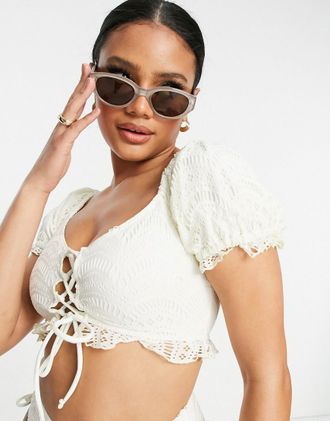 Asos crochet lace up milkmaid bikini top in ivory-White