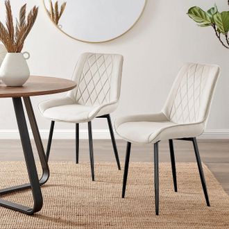 Furniturebox Set of 2 Pesaro Luxury Velvet Dining Chairs With Diamond Stitched Back & Black Metal Legs in Cream