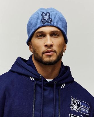 Psycho Bunny Mens Riven Puffer Patch Beanie 404 GRAY BLUE / O/S