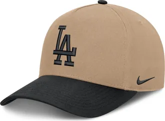 Nike Los Angeles Dodgers Rise Nike Mens MLB A-Frame Trucker Adjustable Hat in Brown | NB1D0A3ULD-TZD