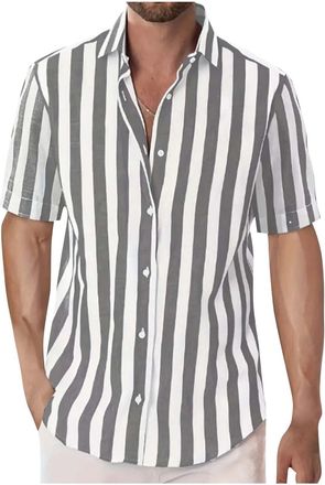 Generic Mens Stripe Shirt Casual Stylish Short Sleeve Button Down Shirts Lapel Loose Fit Dress Shirts Striped Button Up Business Work Dress Shirts Tops Summer