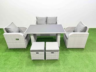 Fimous Outdoor Rattan Garden Furniture Dining Set 6-seater with 2 Small Stool in Light Grey