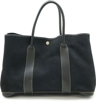 Herm&egrave;s Garden Black Toile Officier Leather Handbag Tote Bag (Pre-Owned)