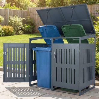 Costway Costway Outdoor Trash Can Storage Shed for 2 Bins Metal Garbage Can Organizer in Grey