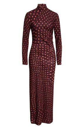 Stella McCartney Polka Dot Mesh Long Sleeve Ruched Maxi Dress in Burgundy/Pink at Nordstrom, Size X-Small