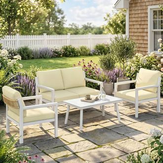 OUTSUNNY Rattan Garden Furniture Set, Outdoor Furniture Conversation Set in Cream | Size: 120