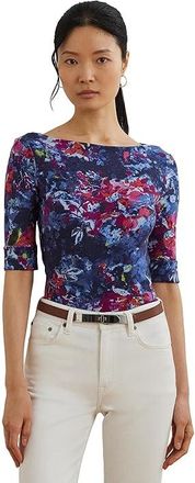 Lauren Ralph Lauren Print Stretch Cotton Boatneck T-Shirts Womens Clothing Blue Multi1 : SM