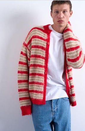 Topman Fluffy Stripe Crewneck Cardigan in Red at Nordstrom, Size Xx-Large