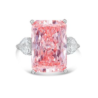 Diana M. Jewels Platinum Lab grown 20ct Fancy pink radiant diamond ring with heart diamonds on the side and micropave band