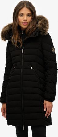 Superdry Steppjacke SUPERDRY FUJI FAUX FUR HOOD MID LENGTH, Damen, Gr. XS, schwarz, Web, Obermaterial: 100% Polyester, unifarben, slim fit, Jacken Steppjacke