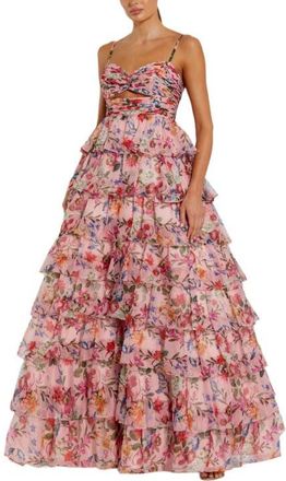 Mac Duggal Floral Cut Out Ruffle Tiered Ballgown in Pink Multi at Nordstrom, Size 12