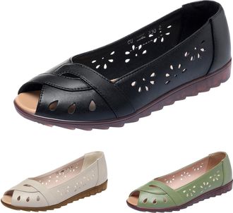 Generic Womens Sandals Summer Elegant Flat Low Shoes Womens Leather Black Sandals Open Leather Sandals with Peep Toe Summer Sandals Openwork Beach Sandals Non