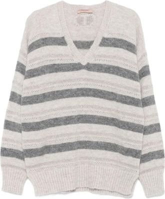 Twin-Set Horizontal Striped Knit Sweater With V-Neckline