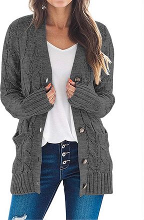 Merokeety Womens Long Sleeve Cable Knit Sweater Open Front Cardigan Button Loose Outerwear, Charcoal, Small