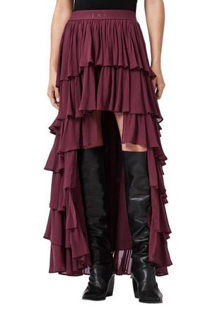 AllSaints Cavarly Layered Ruffle High-Low Maxi Skirt in Tawny Port Red at Nordstrom, Size 10 Us