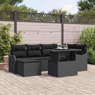 vidaXL Vidaxl - Conjunto De Sof&aacute; De Jard&iacute;n Con Coj&iacute;n 7 Pcs Negro Polirat&aacute;n