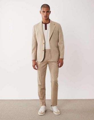Asos Pantaloni da abito slim premium in 100% lana color pietra-Neutro