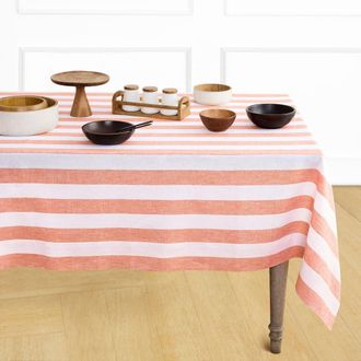 Solino Home Linen Tablecloth for Dining Table, Holiday and Everyday Dining Table Decor - Cabana Stripe in Orange And White at Nordstrom, Size X-Small