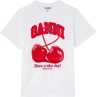 Ganni T-shirt met Kers - Dames - T-shirts - Wit - S - Katoen - Tops