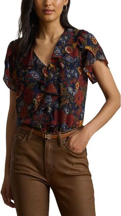 Lauren Ralph Lauren Floral Ruffle Accent Top in Navy Multi at Nordstrom, Size X-Small P