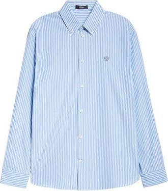 Versace Medusa Embroidered Stripe Cotton Oxford Button-Down Shirt in White Light Blue at Nordstrom, Size 40 Us