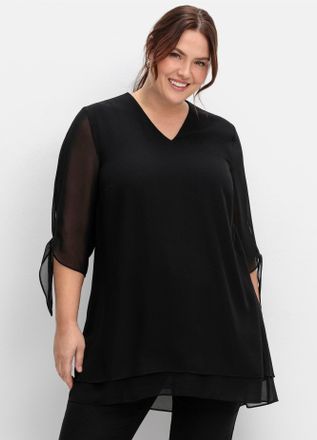 Sheego Longbluse SHEEGO, Damen, Gr. 40, schwarz, 100% Polyester, Unterteil:5% Elasthan, 95% Viskose, unifarben, V-Ausschnitt, Blusen Longbluse