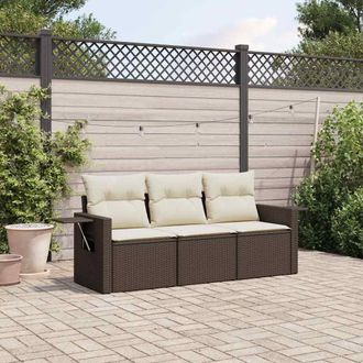vidaXL Set Sof&aacute;s De Jard&iacute;n 3 Piezas Y Cojines Rat&aacute;n Sint&eacute;tico Marr&oacute;n Vidaxl