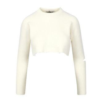 A Paper Kid Round-neck Knitwear, female, Beige, Size: L Beige Crop Sweater with Slit and Logo Tag