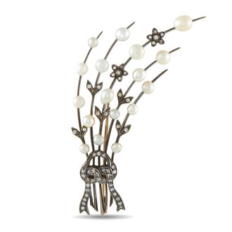 Luxury Bazaar Antique 14K Rose Gold and Silver Diamond and Natural Pearl Spray Brooch MF05-073026