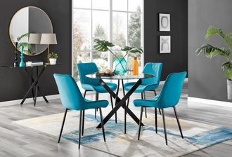 Furniturebox Novara 4 Seater Black Leg Round Glass Dining Table & 4 Pesaro Soft Velvet Black Leg Chairs in Blue