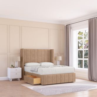 Sloomy Melbourne Naples Wingback Bed Set, 2 Drawers & 54 Floor Standing Headboard in Light Sand | Size: Small Double