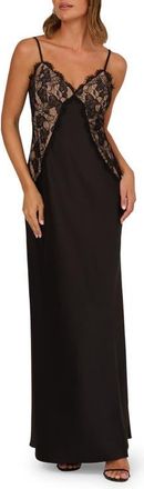 Adrianna Papell Lace Trim Satin Gown in Black at Nordstrom, Size 14