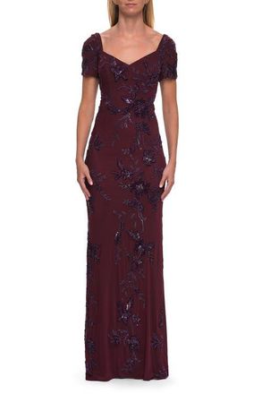 La Femme Beaded Floral Gown with Sweetheart Neckline in Dark Berry at Nordstrom, Size 10