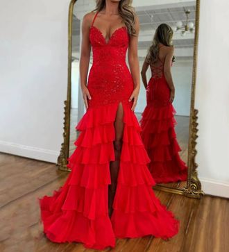Sherri Hill Lace Mermaid Gown In Red