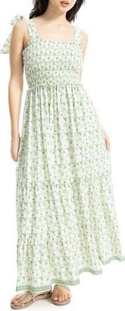 Max Studio Tie Strap Smocked Tiered Sundress in White/Green Leafy Scallop at Nordstrom Rack, Size X-Small