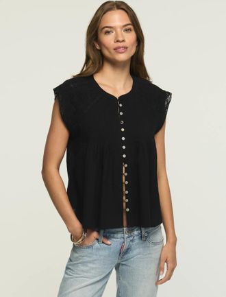 Lucky Brand Womens Embroidered Shell Sleeve Top