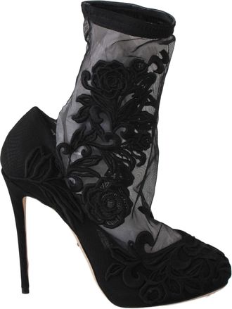 Dolce & Gabbana Black Roses Stilettos Booties Socks Womens Shoes