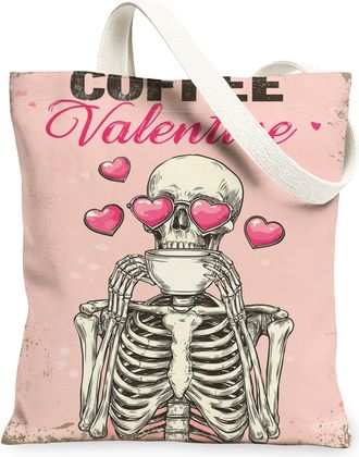 Generic Valentine Skeleton Canvas Tote Bags, Cute Heart Coffee Design Reusable Grocery Bags, Lightweight Washable Shoulder Strap Ca, Peach, 13x15 Inch